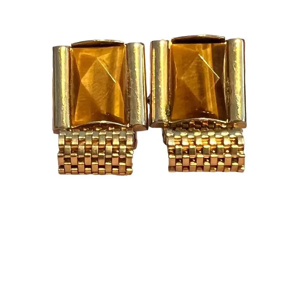 Vintage Tiger’s Eye Wrap Around Mesh Square Goldtone Cufflinks